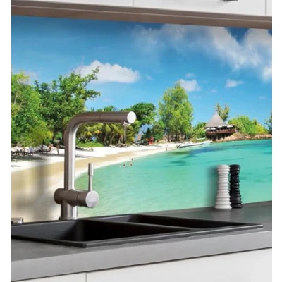 Abbildung von MyMaxxi Küchenrückwand Folie selbstklebend matt Versteift einfache Montage ohne Bohren Motiv Landschaft 01 60cm hoch Spritzschutz Küche Klebefolie Meer Felsen Palmen 340 x