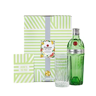 Abbildung von Tanqueray No.Ten Premium Gin im hochwertigen Geschenkset mit Glas &amp; Grußkarte handverlesen auf englischem Boden 47,3% vol 700ml Einzelflasche