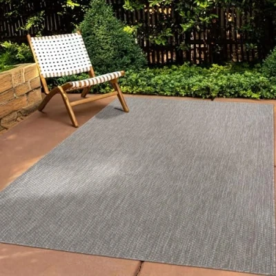 Abbildung von In &amp; Outdoor Teppich Wetterfest Wohnzimmer Balkon Küchenteppich Terrassenteppich Flachgewebe Sisaloptik Meliert Einfarbig grau 240x340 cm
