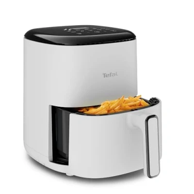 Abbildung von Tefal Easy Fry Compact Heißluftfritteuse 3L Fassungsvermögen, 10 automatische Garprogramme, Touchdisplay, zeit und energiesparend, Antihaftbeschichtung, Nube, EY145A