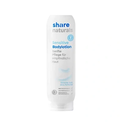 Abbildung von share naturals Bodylotion Sensitive 200 ml Körpercreme spendet ein Hygieneprodukt an einen Menschen in Not pH hautneutrale Körperlotion für empfindliche Haut vegane Naturkosmetik