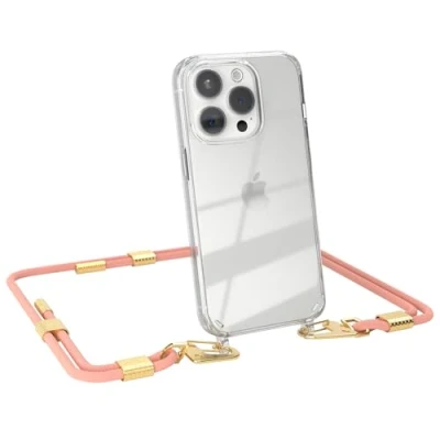 Abbildung von EAZY CASE Handykette mit Karabiner kompatibel iPhone 15 Pro Hülle Silikon transparente Handyhülle für Kette zum Umhängen Schutzhülle in Korall Clips Gold