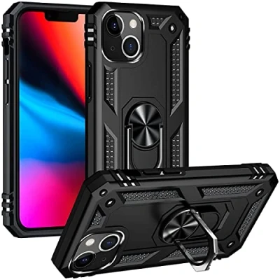 Abbildung von Verco Hybrid Armor Shiel Case für iPhone 13 Hülle, extrem robust mit Magnet Fingerring Halter Handyhülle Panzerhülle, Schwarz