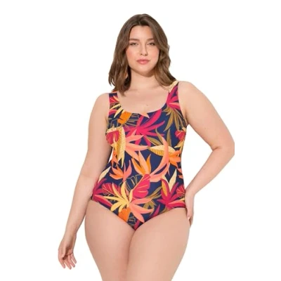 Abbildung von Ulla Popken Damen große Größen Übergrößen Plus Size Badeanzug, Wald, ohne Softcups, Rundhals, Vorderfutter