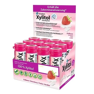 Abbildung von miradent Xylitol Zahnpflegekaugummi Erdbeere Display 12 St. fruchtiger Geschmack zuckerfrei vegan kariespräventiv für unterwegs