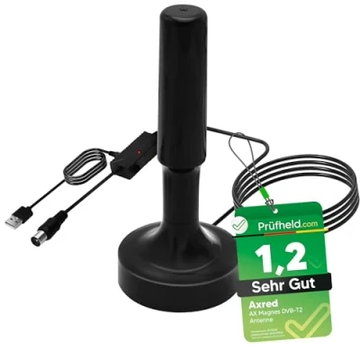 Abbildung von [Test SEHR GUT, Note 1.2 *] Anadol AXRED Magnes DVBT2 Antenne mit Verstärker 30dBi für innen außen, DVBT Receiver Fernseher DAB DAB+ Radio, DVB T T2 Antennen, Zimmerantenne 5m Kabel