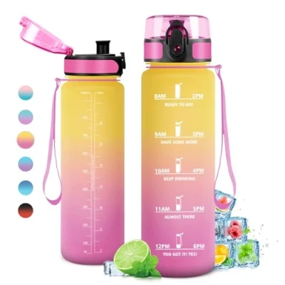 Abbildung von Trinkflasche 1L, Wasserflasche Auslaufsicher, Sport Kohlensäure Geeignet, Fahrrad mit Zeitmarkierung und Filter, für Kinder, Erwachsener, Büro, Sport, Outdoor, Fitness
