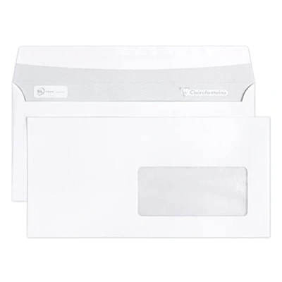 Abbildung von Clairefontaine 10935C Karton mit 500 Umschlägen DL 110x220mm, selbstklebend, 90g, Sichtfenster 45x100 (20/20), Weiß, 1