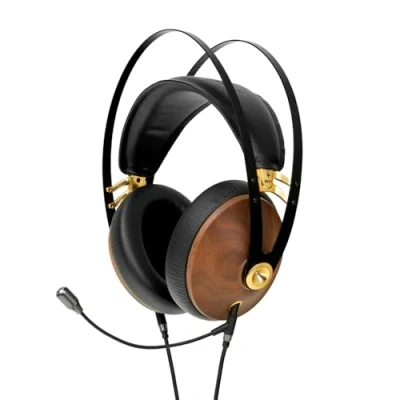 Abbildung von MEZE AUDIO 99 Classics Walnut Gold &amp; Boom Mic Headset, Kabelgebundene Over Ear Kopfhörer mit Mikrofon und selbstverstellbarem Kopfbügel, geschlossenes Headset für Gaming, Remote Arbeit,