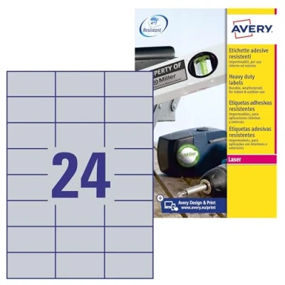 Abbildung von AVERY Zweckform L6133 20 Typenschild Folienetiketten (480 Aufkleber, 70x37mm auf A4, stark selbstklebend, strapazierfähig, wetterfest, bedruckbare Klebefolie, blanko) Blatt, silber