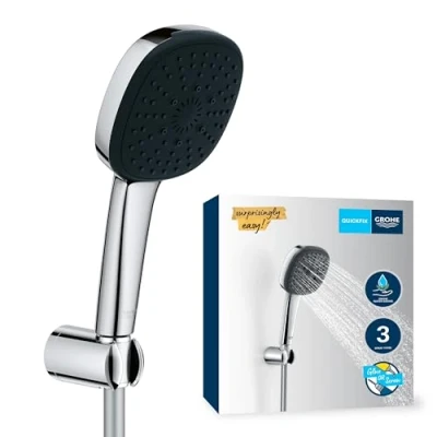 Abbildung von GROHE Vitalio 110, Duschkopf mit Schlauch und Halter, wassersparend, 8l pro Min (3 Strahlarten, Standardanschluss, 175cm Brauseschlauch Brausehalter), eckig, chrom, 26176001
