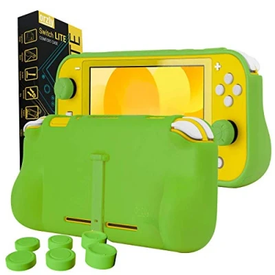 Abbildung von Orzly Grip Case für Switch Lite Schutzhülle den Einsatz auf der Nintendo im Handheld Gamepad Modus mit Komfort gepolsterten Handgriffen, Kickstand &amp; Packung Thumbgrips Grün