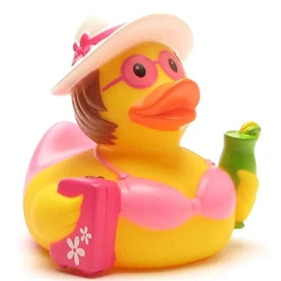 Abbildung von Quietscheente Urlauberin I Badeente L: 9 cm inkl. Badeenten Schlüsselanhänger im Set Gelb
