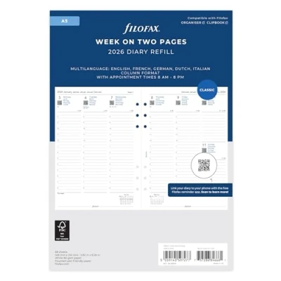 Abbildung von Filofax A5 Woche auf zwei Seiten 5 Sprachen Termine 2026 Terminplaner 26 68514