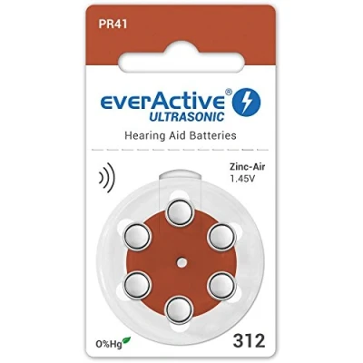Abbildung von everActive 6 Stück, Hörgerätebatterien, hohe Leistung, Zink Luft Batterien, 1 Blisterkarte, 4 jährige Haltbarkeit, braun, Ultrasonic PR41, EVHAB312