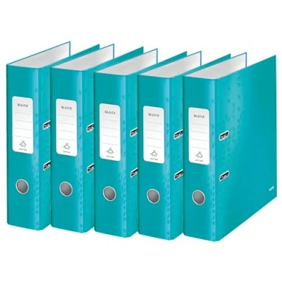 Abbildung von Leitz Qualitäts Ordner 180, 5er Pack, A4, 8 cm Rückenbreite, laminierte Graupappe, Eisblau, WOW Serie, Design kann variieren, 10054051