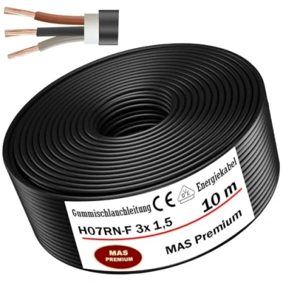 Abbildung von MAS Premium 5 100m Gummischlauchleitung Energiekabel Baustellenkabel H07RN F 3G 1, 1,5, 2,5, 4, 6, 10 oder 3x 1,5 Flexibel Leitung für schweren Geräten (H07RN 3x1,5 mm², 100m)