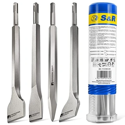 Abbildung von S&amp;R Bohrhammer Meißel Set SDS plus, 4 teilig, robust und hitzegehärtet 1x Flachmeißel, 2x Fliesemeißel, Spitzmeißel für Beton, Mauerwerk, Ziegel Asphalt Werkzeug Stahl