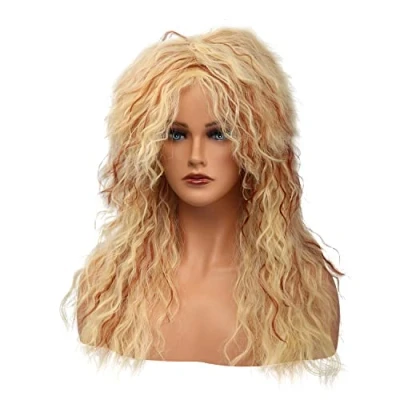 Abbildung von MEIRIYFA Perücke im Look der 80er Jahre, für Damen und Herren, mit langem, lockigem Haar, Rocker /Punk Stil, Halloween, Kostümfeier, Blonde Rotbraun