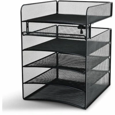 Abbildung von Safco Products Onyx Mesh 5 Tray Untertisch Hängeorganizer 26 cm B x 32 T 37 H einfache Montage schwarze Pulverbeschichtung langlebige Stahlgeflecht Konstruktion 9 kg Kapazität