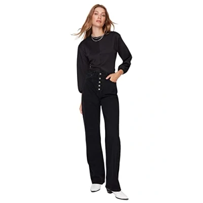 Abbildung von Trendyol Damen Herren Hoher Bund Weites Bein der 90er Jeans, Schwarz, 42 EU