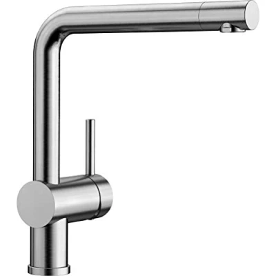 Abbildung von BLANCO LINUS Küchenarmatur aus massiv Edelstahl Hochdruck Rückflussverhinderer Keramik Kartusche Gesicherte Wasserqualität &amp; wassersparend