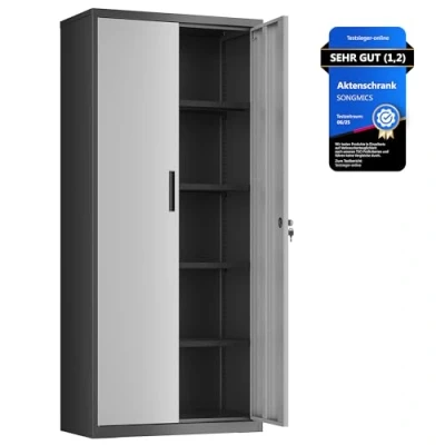 Abbildung von SONGMICS Aktenschrank, Mehrzweckschrank, Stahl Aufbewahrungsschrank, 5 Ebenen, Doppeltüren, Schloss, Werkzeugschrank, verstellbare Ablagen, Garage, Büro, Wohnzimmer, silbern schwarz OMC015S01