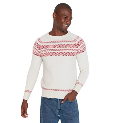 Abbildung von Trendyol Herren Colorblock Slim Sweater mit Rundhalsausschnitt Sweatshirt, Natur, L