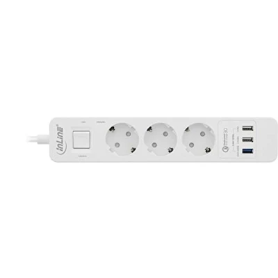 Abbildung von InLine 16491 Steckdosenleiste, 3 fach Schutzkontakt, Überspannungsschutz und QuickCharge USB, mit Schalter, 1,5m, weiß
