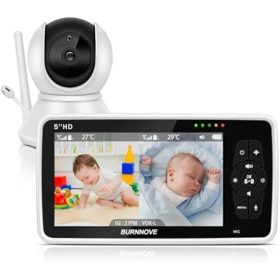 Abbildung von BURNNOVE Babyphone mit Kamera 5 Zoll Video 720p LCD Bildschirm Split Screen 4000mAh Akku 355/120 PTZ Digitalzoom VOX Modus Gegensprechfunktion Nachtsicht Schlaflieder Temperaturalarm