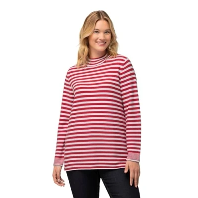 Abbildung von Ulla Popken À Manches Longues Motif Rayures ET Finition BORD ROULÉ Strickpullover, Damen, Größe: 46/48, Salsa