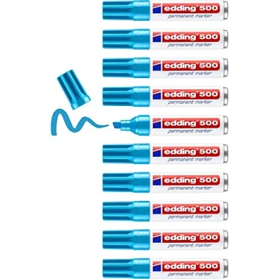 Abbildung von edding 500 Permanentmarker hellblau 10 Stifte Keil Spitze 2 7 mm wasserfest, schnell trocknend wischfest für Karton, Kunststoff, Holz, Metall, Glas