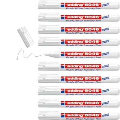 Abbildung von edding 8046 Ready white industry pen weiß 10 Stifte Rundspitze 1 3 mm weißer Permanentmarker zur Markierung und Beschriftung von Metall, Glas, Stein oder Kunststoff permanent &amp; wischfest