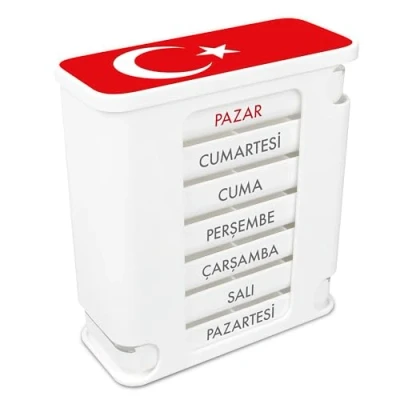 Abbildung von Kerpers® Tablettenbox 7 Tage MADE IN GERMANY Pillendose mit 4 Fächer morgens mittags abends nachts Medikamentenbox für Tabletten und Supplements (1x Türkisch)