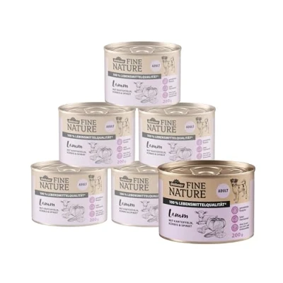Abbildung von Dehner Fine Nature Hundefutter, Nassfutter getreidefrei / zuckerfrei, für ausgewachsene Hunde, Lamm Kartoffel, 6 x 200 g Dose (1.2 kg)