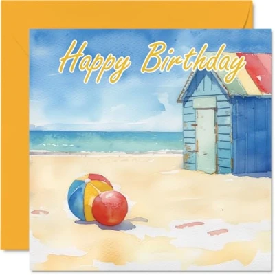 Abbildung von Stuff4 Geburtstagskarten für Frauen und Männer Aquarell Strand Happy Birthday Karte Mama, Vater, Bruder, Schwester, Onkel, Tante, Cousin, Großvater, Nanny, Freund, 145 mm x mm,