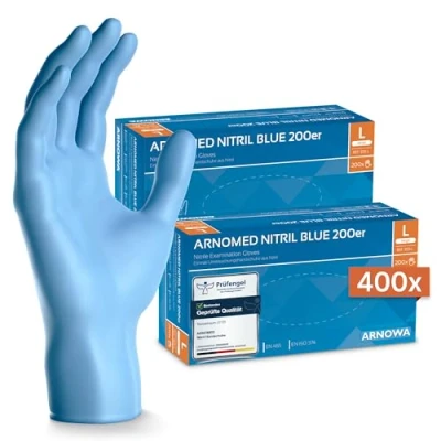 Abbildung von 400x ARNOMED Einweghandschuhe Blau, Einmalhandschuhe L, Nitrilhandschuhe (2x200 Stk), Handschuhe Einweg puderfrei, Gummihandschuhe Einweg, Nitril, in S, M, L &amp; XL