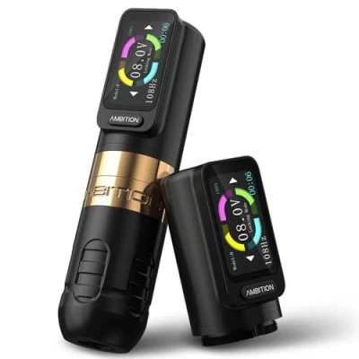 Abbildung von Ambition Zetton Kabellose Tattoomaschine mit zusätzlichem 2400 mAh Akku, bürstenlosem Motor, gerader Antriebsstange, Farb Touchscreen, Rotations Tattoopistole, Patronenstift Zubehör für Tätowierer