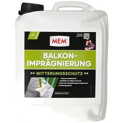 Abbildung von MEM Balkon Imprägnierung, Für saugende Untergründe, Wasserabperleffekt, Wasserdicht und atmungsaktiv, Lösemittelfrei, 5 l