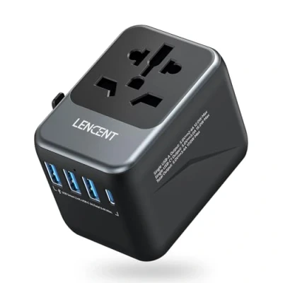 Abbildung von LENCENT Universal Reiseadapter Weltweit Internationaler Adapter mit 3 USB &amp; Typ C PD Ladeanschlüssen für EU Europäisch US UK AUS A/C/G/I Steckdosen, über 200 Länder, Grau