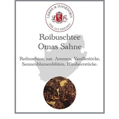 Abbildung von Lerbs &amp; Hagedorn, Roibuschtee Omas Sahne Sahen Vanille Himbeer Geschmack 250g (ca. 21 Liter) Cuts, Sonnenblumenblüten, Himbeerstücken