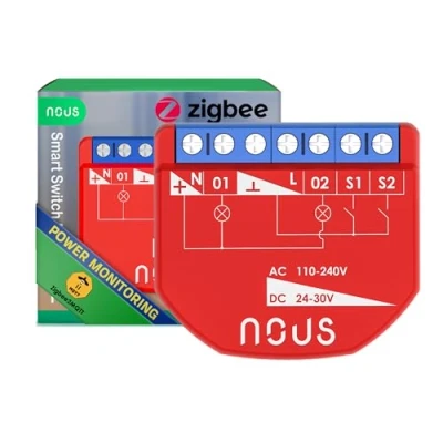Abbildung von NOUS ZigBee Smart Switch Module mit Leistungsmessung, 2 Kanäle, AC 16A/DC 10A, Trockenkontakte, 3.0 Hub erforderlich, Kompatibel Alexa, Zigbee2MQTT, Google Assistant, Home Tuya