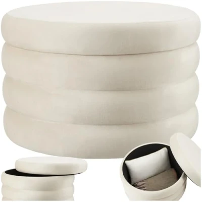 Abbildung von tectake® Hocker mit Stauraum, XL Scandi Sitzhocker Samt Stoff, Pouf, Polsterhocker rund für Schminktisch, Schlafzimmer, Wohnzimmer Möbel, als Flur Stauhocker Wohnen Samtoptik Creme weiß