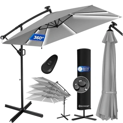 Abbildung von KESSER® Ampelschirm Holly Sonnenschirm Rechteckig LED Solar inkl. Abdeckung + Windsicherung mit Kurbel Schirm Ständer UV Schutz Aluminium Wasserabweisend Ø350cm Gartenschirm Hellgrau