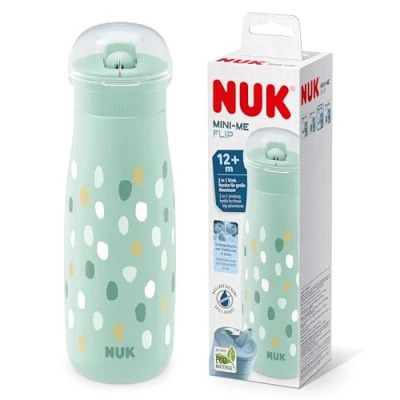 Abbildung von NUK Mini Me Flip mit Strohhalm für Kleinkinder ab 12 Monate 450 ml Kinderwasserflasche auslaufsichere stabile Trinköffnung bruchsicher Minze/Pünktchen