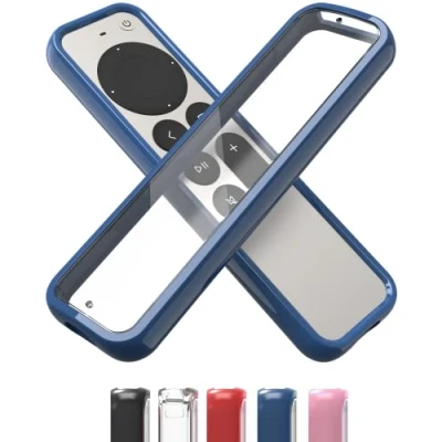 Abbildung von TotalMount Air Rim Case für Apple TV Fernbedienungen schlanke, hybride Fernbedienung mit ultimativem Fallschutz blaue Umrandung und transparente Rückseite