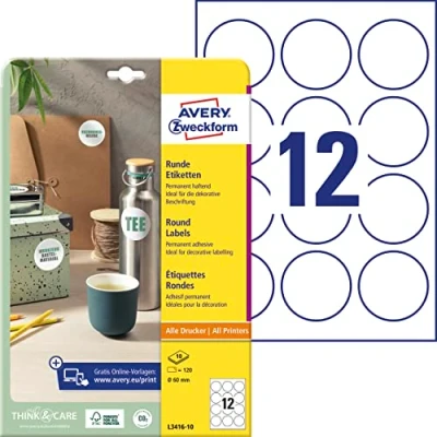 Abbildung von AVERY Zweckform Runde Etiketten L3416 10 (120 Aufkleber auf Blatt, zum Bedrucken, selbstklebend, Ø 60 mm, A4, Klebepunkte Kennzeichnen von Unterlagen, Produkten) weiß