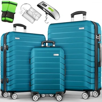 Abbildung von tillvex® Reisekoffer Set 3 TLG. + Gepäckwaage, 6X Koffergurte &amp; 3X Kofferanhänger Kofferset 4 Rollen Trolley Gepäck Koffer TSA Schloss Rollkoffer Hartschalenkofferset S M L XL (Türkis)