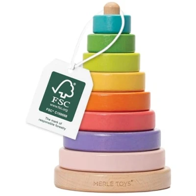 Abbildung von Merle Toys® Stapelturm Baby Holz 100% FSC zertifiziertes Holzspielzeug, Montessori Spielzeug, ab 1 Jahr, Stapelspiel Geschenk mit 8 abgerundeten Stapelringen