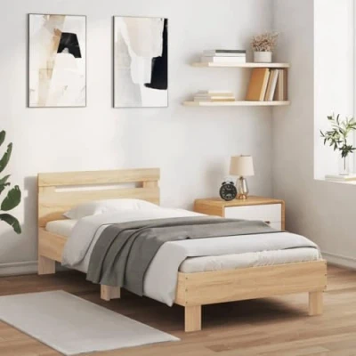 Abbildung von vidaXL Bettgestell, Bettrahmen mit Lattenrost, Bett Gästebett Kopfteil LED Leuchten, Einzelbett Schlafzimmerbett Schlafzimmermöbel, Sonoma Eiche 90x190cm